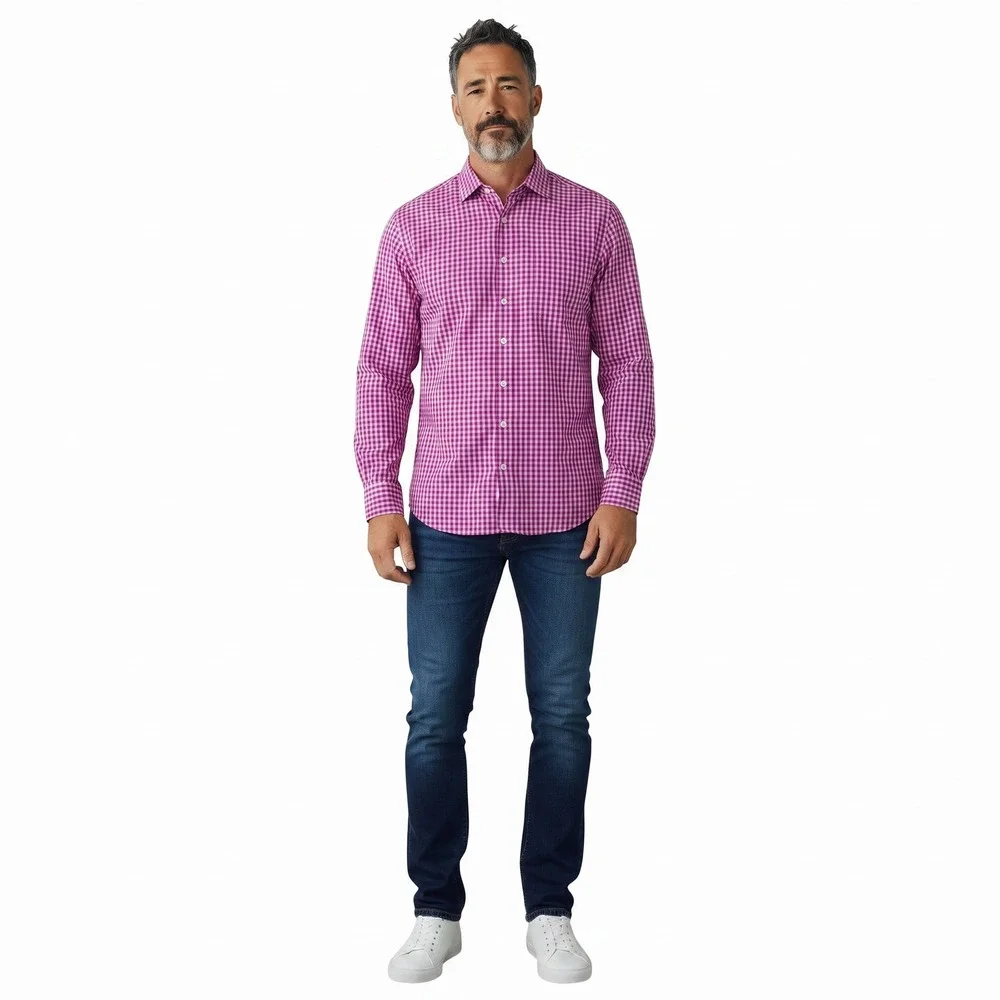 Peter Millar Mens XL Pink Gingham Check Cotton Long Sleeve Button Down Shirt